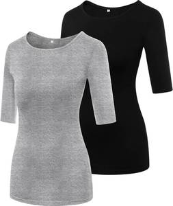 lot 86311 image: Huukeay 2 Pcs Womens Half Sleeve T Shirt Women Basic Round Neck Tops Womens 12 Sleeve Crewneck T Shirt Tops Stretchy Tees (Black, Grey,Large)