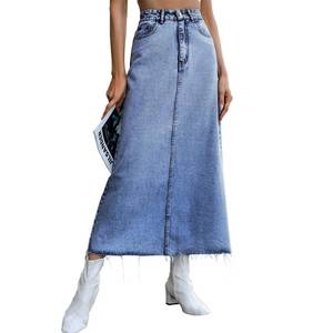 lot 86323 image: Viatabuna Jean Skirt for Women Stretchy Midi Length High Waist Frayed Raw Hem A Line Flared Long Jean Skirt with Pockets