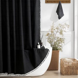 lot 86327 image: Extra Long shower curtain, 96 inches Long Boho Chic Linen Waffle Textured Fabric Shower Curtain Set with Hooks, Tall Modern Minimalist Waterproof Thick Cloth Shower Curtain for Bathroom,Black, 72x96