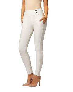 lot 86331 image: Conceited Premium Womens Stretch Dress Pants - Wear to Work - Ponte Treggings - Slim Leg with Buttons - Off-White - DP-SlimButtons-White-L