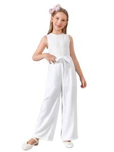 lot 86340 image: WDIRARA Girls Lace Round Neck Sleeveless Belted Wide Leg Jumpsuit Pants White 9Y