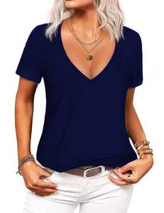 lot 86345 image: Beyove Womens Deep V T-Shirt Summer Short Sleeve Loose Casual Top(S-XXL) (L, Navy Blue)