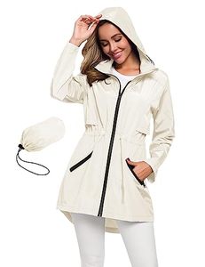 lot 86346 image: Avoogue Rain Jacket Womens Waterproof with Hood Womens Jackets Rain Coat for Women Beige Small