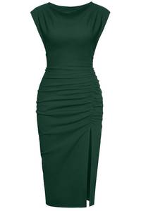 lot 86348 image: IHOT Women Formal Dress for Wedding Guest Crew Neck Sexy Ruched Bodycon Rehearsal Dinner Party Club Midi Dresses Dark Green S