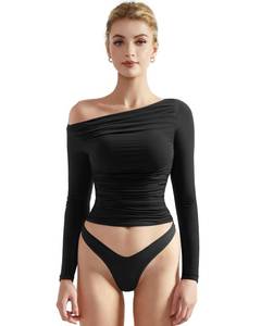 lot 86357 image: SUUKSESS Women Off Shoulder Long Sleeve Shirts Double Lined Fitted Crop Tops Y2K Tight T Shirts (Black,M)
