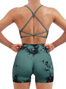 lot 86358 image: SUUKSESS Women Seamless 2 piece Workout Sets Strappy Padded Sports Bra Booty High Waisted Shorts Outfits (Deep Green Tie Dye,L)
