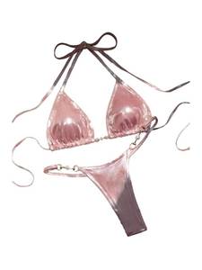 lot 86364 image: GORGLITTER Womens 2 Piece Metallic Swimsuit Cheeky High Cut Thong Bikini Set Y2K Micro Chain String Bathing Suit Coral Pink Medium