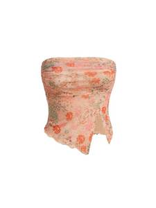 lot 86365 image: Milumia Women Floral Mesh Strapless Ruched Tube Top Split Hem Sleeveless Bandeau Crop Tops Coral Orange Large