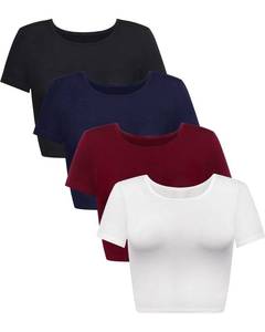 lot 86377 image: 4 Pack Womens Basic Tight Short Sleeve Women Cute Trendy Crop Tops Scoop Neck Crop for Women or Teen Girls (Black, White, Navy Blue, Claret, Small)