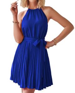 lot 86393 image: BTFBM Women 2024 Summer Casual Halter Neck A-Line Dress Sleeveless Belted Swing Pleated Cocktail Party Beach Mini Dresses(Solid Royal Blue, Small)