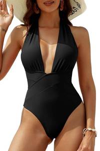 lot 86394 image: ZAFUL Women�s Halter One Piece Swimsuit Deep V Neck Bathing Suit Crisscross Back Self Tie Monokini Black S