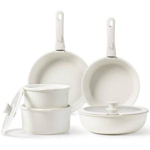 lot 86408 image: CAROTE Pots and Pans Set Non Stick, Cookware Sets Nonstick, 11pcs Kitchen Set, Oven Safe, Induction Ready, Stackable Non-stick Set with Removable Handle, RV Set with Detachable Handle, Cream White