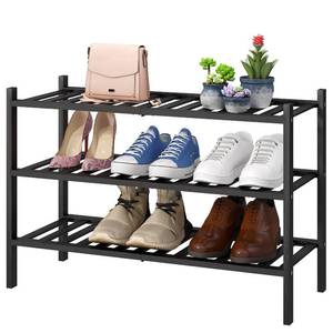lot 86410 image: 3-Tier Black Bamboo Shoe Rack for Entryway, Stackable  Foldable  Natural, Shoe Shelf Storage Organizer for Hallway Closet, Free Standing Shoe Racks for Indoor Outdoor