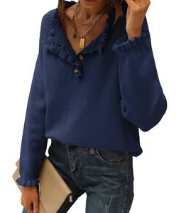 lot 86417 image: BTFBM Womens Sweaters Casual Long Sleeve Button Down Crew Neck Ruffle Knit Pullover Sweater Tops Solid Color Striped (Solid Bright Blue, Medium)