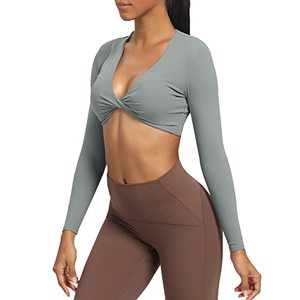 lot 86432 image: Aoxjox Long Sleeve Crop Tops for Women Sienna Twist Deep V Workout Crop T Shirt Top (Grey, Medium)