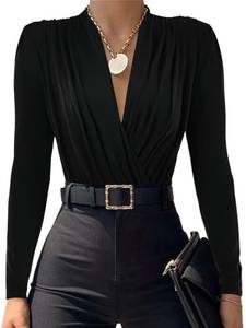 lot 86433 image: LYANER Womens Wraped V Neck Ruched Long Sleeve Leotard Bodysuit Top Black# Small