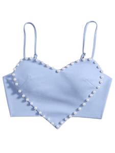 lot 86438 image: WDIRARA Womens Pearls Sleeveless Asymmetrical Hem Heart Crop Cami Top Sexy Camisole Light Blue L
