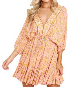lot 86440 image: R.Vivimos Womens Summer Floral Dress 34 Sleeve Deep V Neck Boho Drawstring Backless Swing Mini Dress (Medium, PinkGold)