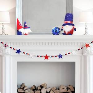 lot 86441 image: 4.2 FT Patriotic Wooden Beads Garland with Star-Shaped Charms, Red White Blue American Flag Colors Beaded Decor, Rustic Farmhouse Banner for 4th of July Decorations, Shelf Display, Fireplace, Wall