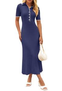 lot 86447 image: MEROKEETY Womens V Neck Ribbed Knit Maxi Dress Button Short Sleeve Slim Fit Bodycon Sweater Dress, Navy, Small
