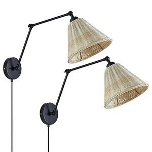 lot 86451 image: Fetason Plug in Wall Sconces Set of 2 Rattan Wall Sconces Black Plug in Cord Wall Lights Fixture Swing Arm Wall Mounted Lamp for Bedroom Living Room Sconces Wall Lighting Bedside - Retail $89.99