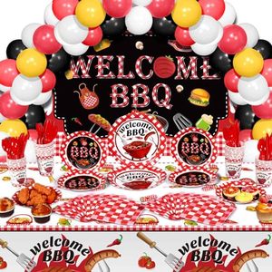 lot 86453 image: Capoda 165 Pcs Summer BBQ Party Supplies Picnic Barbecue Decorations BBQ Background Cloth with Rope Picnic Plastic Tablecloth Barbecue Tableware Set for BBQ Birthday Baby Shower Picnic Party Decor