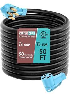 lot 82741 image: CircleCord UL Listed 50 Amp 50 Feet RVEV Extension Cord, Heavy Duty 6381 Gauge STW Wire, NEMA 14-50PR Suit for Tesla Model 3SXY EV Charging and RV Trailer Campers