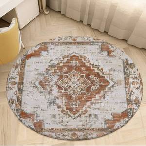 lot 82744 image: Vintage Beige Bohemian Round Area Rug Abstract Floral Art Circle Rug Carpet Circular Rugs Non Slip Mat for Kitchen Living Room Bedroom Decoration 7 ft