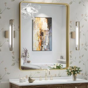 lot 83416 image: TokeShimi Bathroom Mirror for Wall 24 x 32 Inch Gold Brushed Brass Metal Rounded Corner Rectangle Mirror Wall Mirror in Metal Frame - Retail $100.86