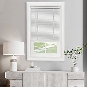 lot 83418 image: Cordless Light Filtering Mini Blind - 26 Inch Width, 64 Inch Length, 1 Slat Size - Pearl White - Cordless GII Morningstar Horizontal Windows Blinds for Interior by Achim Home Decor