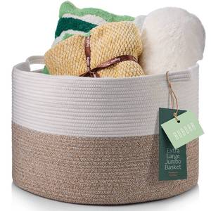 lot 83430 image: Decorative Jumbo Blanket Basket for Living Room - 100% Cotton Rope Woven Basket for Storage with 2 Easy Carry Handles, Holds up to 40Lb - Ideal for Pillows, Blankets, Laundry Hamper & Baby Toy Bin.