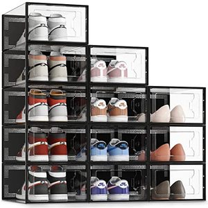 lot 83432 image: SEE SRPING XX-Large Shoe Storage Box Fit Size 14, Clear Plastic Stackable Shoe Organizer for Closet, Shoe Rack Sneaker Containers Bins Holders, Drawer Organize Unit, 12 Pack Black