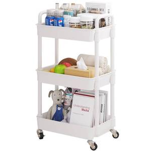 lot 83437 image: UDEAR 3-Tier Rolling Utility Cart with 12 Category Labels,Multifunctional Storage Shelves with Handle and Lockable Wheels for Room,Office,Kitchen,Bathroom,White