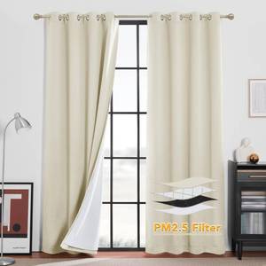 lot 83442 image: RYB HOME 4-in-1 Dust Filtering Soundproof Blackout Insulating Privacy Window Curtains for Nursery Bedroom Living Room Rivider Sound Absorption Sheet, Beige, W52 x L90 inch, 2 Panels - Retail $103.92