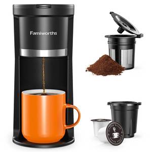 lot 83480 image: Famiworths Mini Coffee Maker Single Serve, Instant Coffee Brewer One Cup for K Cup & Ground Coffee, 6 to 12 Oz Brew Sizes, Capsule Coffee Machine with Water Window and Descaling Reminder, Black