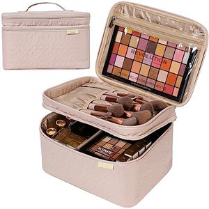 lot 83504 image: NISHEL Large Double Layer Travel Makeup Bag Women, Large Cosmetic Case, Organizer for Travel-Size Accessories Bottles, Brushes, Conditioner, and Skin Care Products, Pink