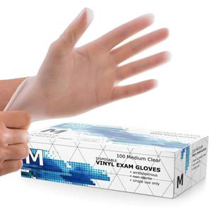 lot 83506 image: Dre Health Medium Clear Vinyl Medical Exam Gloves - Pack of 100