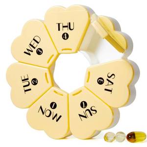 lot 83508 image: Large Weekly Pill Box 7 Day, MOLN HYMY Cute Pill Case Organizer, Flower Pill Container Once Daily, Round Medicine Dispenser for VitaminFish OilMedicationSupplement (Yellow)