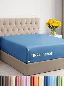 lot 83523 image: Extra Deep Queen Fitted Sheet - Hotel Luxury Single Fitted Sheet Only - Easily Fits 18 inch to 24 inch Mattress - Soft, Wrinkle Free, Breathable & Comfy Extra Deep Pockets Denim Blue Fitted Sheet