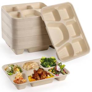 lot 83551 image: Peohud 50 Pack 6 Compartment Disposable Paper Plates, Bagasse School Lunch Tray, Heavy-Duty Sugarcane Plates, Microwavable Safe