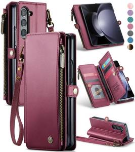 lot 83561 image: Defencase Wallet Case Compatible with Samsung Galaxy Z Fold 5 with RFID Blocking Card Holder & S Pen Holder Slot PU Leather Magnetic Snap Flip Zipper Strap Phone Case Fit for Galaxy Z Fold 5, Wine Red