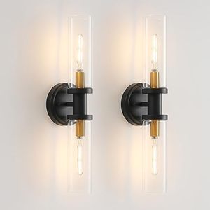 lot 83565 image: Wall Sconces Set of Two Black and Brass Gold Wall Lamp Wall Lights with Clear Glass Shade Sconces Wall Lighting Wall Sconces Indoor Sconces Wall Decor Set of 2 Wall Scones, Wall Lights Set of 2 - Retail $98.84
