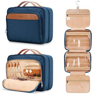 lot 83582 image: Travel Hanging Toiletry Bag for Women, Extra Large Makeup Bag, Holds Full-Size Shampoo, with Jewelry Organizer Compartment, Waterproof Cosmetic Bag, Toiletries Kit Set with Trolley Belt, Navy Blue