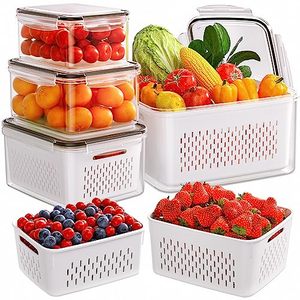 lot 83595 image: 5-Pack Fruit Storage Containers for Fridge with Removable Colanders, 4 in 1 Produce Storage Containers with Lids, Leakproof Fridge Organizer Bins for Salad Berry Lettuce Vegetables Meat Keeper Fresh