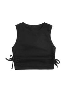 lot 84237 image: Milumia Girls Ruched Knot Side Solid Round Neck Sleeveless Crop Tank Tops Black 8 Years