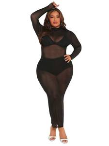 lot 84244 image: Verdusa Womens Plus Size Sheer Mesh Long Sleeve Mock Neck Bodycon Maxi Dress Black 3XL