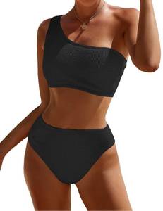 lot 84266 image: One Shoulder Bikini Sets for Women High Waisted Full Coverage Swimsuit Ribbed Push Up Two Pieces Bathing Suits Black