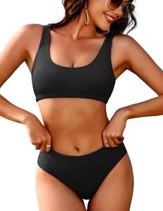 lot 84273 image: AIMAGE Women Ribbed Bikini Sets Sporty Swimsuits Scoop Neck Two Piece Bathing Suits High Cut Bikini(Black,XX-Large)