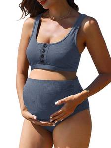 lot 84274 image: Summer Mae Maternity Ribbed High Waist Swimsuit Crop Top Bikini Bathing Suit High Cut Two Piece Pregnancy Swimwear Light Blue X-Large
