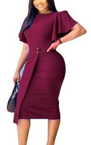 lot 84276 image: BFFBABY Womens Pencil Dresses Bodycon Ruffle Short Sleeve Retro Cocktail Midi Dress Wine Red